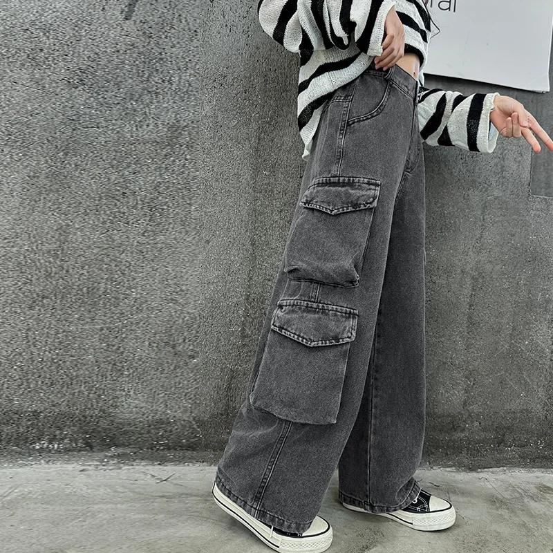 Retro Gray Cowgirl Cargo Jeans With Pocket Spring Kids Casual Denim Pants School Young Girls Child Straight Jeans Trousers