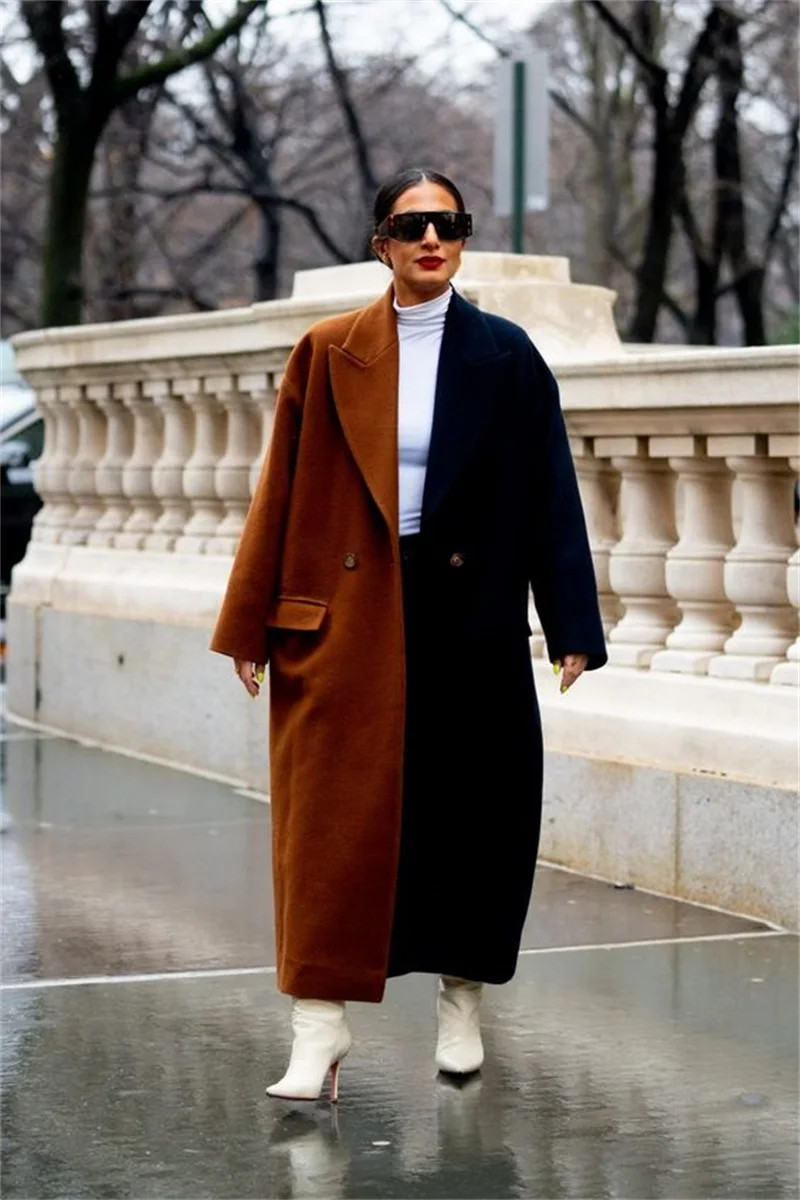 Chaqueta larga de lana para mujer, traje grueso de Color marrón y negro, abrigo de lana de Cachemira para invierno