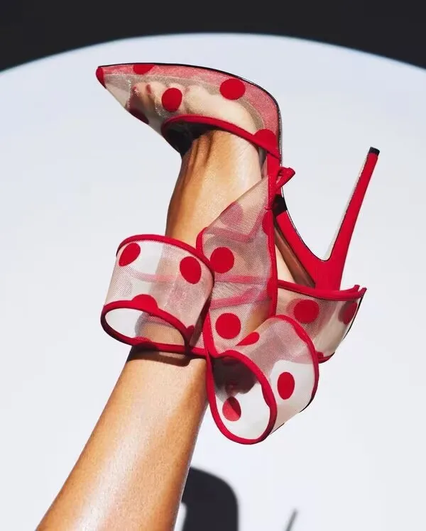 Polka Dot Bow Pumps Red Mesh Pointed Toe Stiletto Heels Side Butterfly Knot Sandals Women Evening Party Shoes Zapatos Mujere - view 2