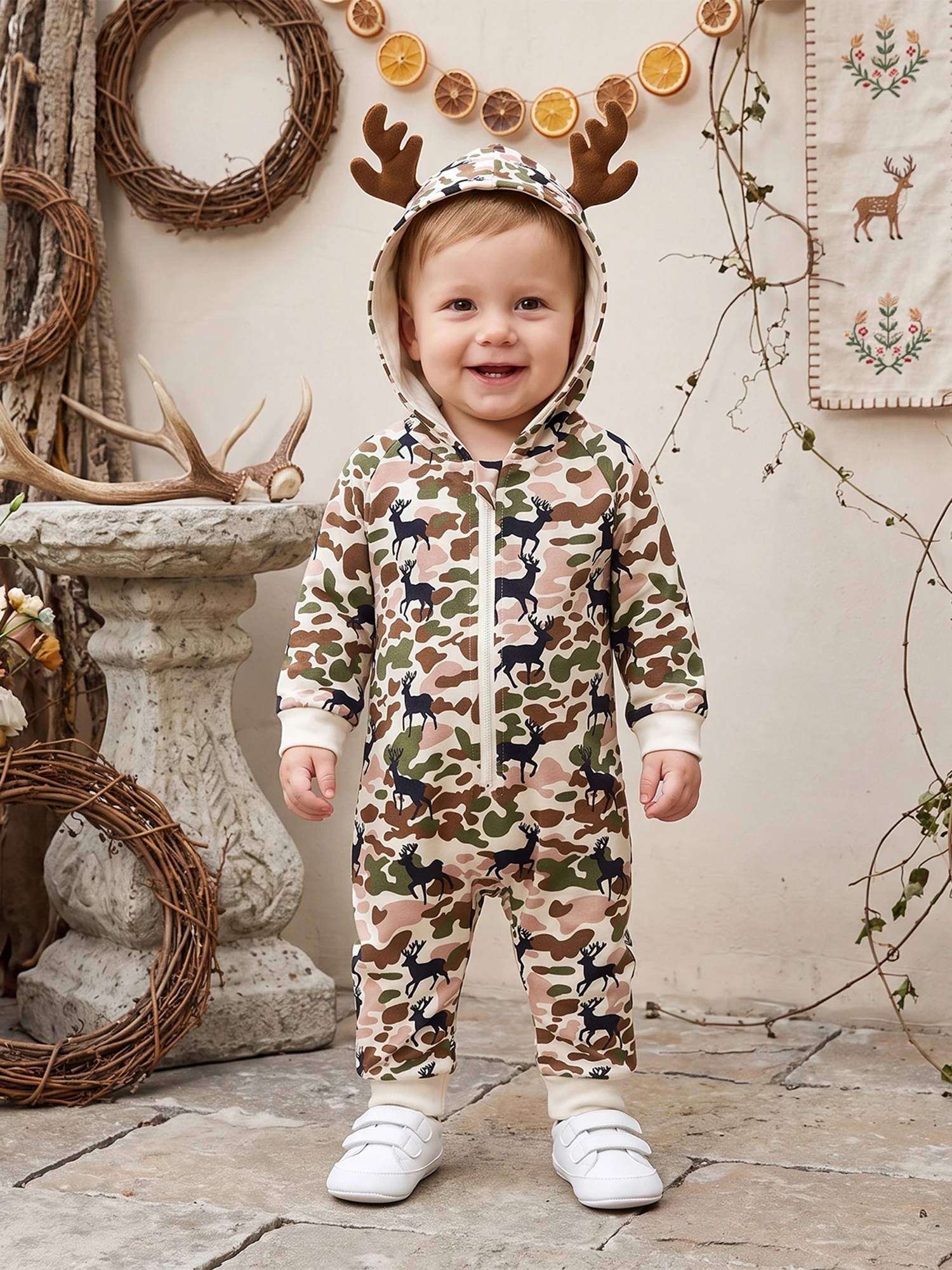 Print Zipped-Romper Zipped Long-Sleeve-Hooded Camouflage Hooded Camouflage Long-Sleeve Romper Baby Boy Jumpsuit