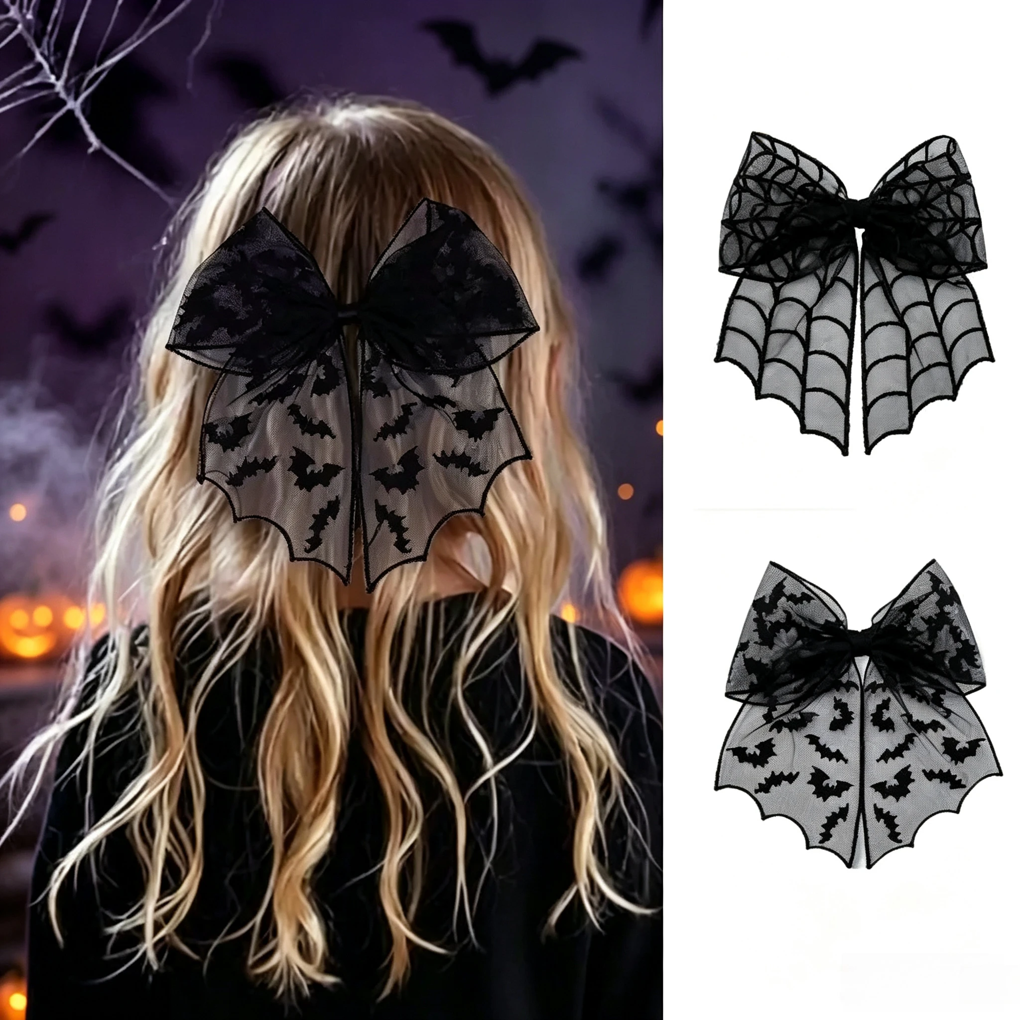 Black Mesh Bow Hair Clip, Bat & Spider Web Pattern Bow Barrette, Halloween Gothic Cosplay Hair Accessories for Girls Women