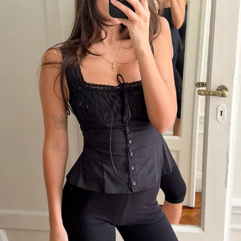 

Trendix Lace Up Basic Crop Top Female 2026 Summer Sleeveless Bandage Button Cardigan Vest Vintage Slim Party Sexy Tank Top Women