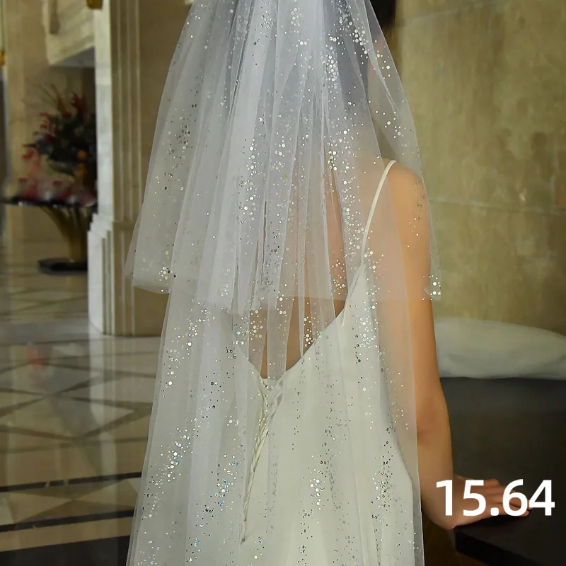 

MZA01 Sparking Bride Wedding Veil with Blusher 2 Tier Bridal Veils with Comb Waltz Length Veil Cut Edge Wedding Accessories