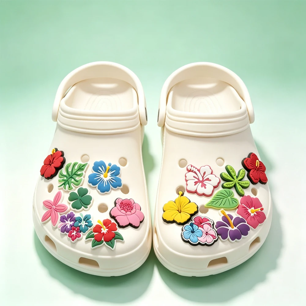 Hawaiian Flower Leaves Lucky Number Hibiscus 5-20PCS Shoe Charm PVC Decor Buckle Clog Wristband Detachable Waterproof party Gift