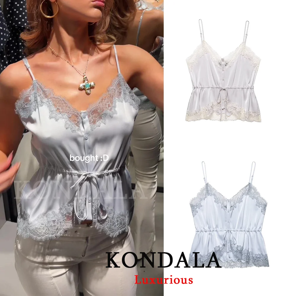 KONDALA Festliches Party-Top für Damen: Sexy Chic Satin-Cami mit Spitze, Y2K-Style, Schleife, Kurzes Oberteil, Modisch für Frühling/Sommer 2026, Ausgeh-Top
