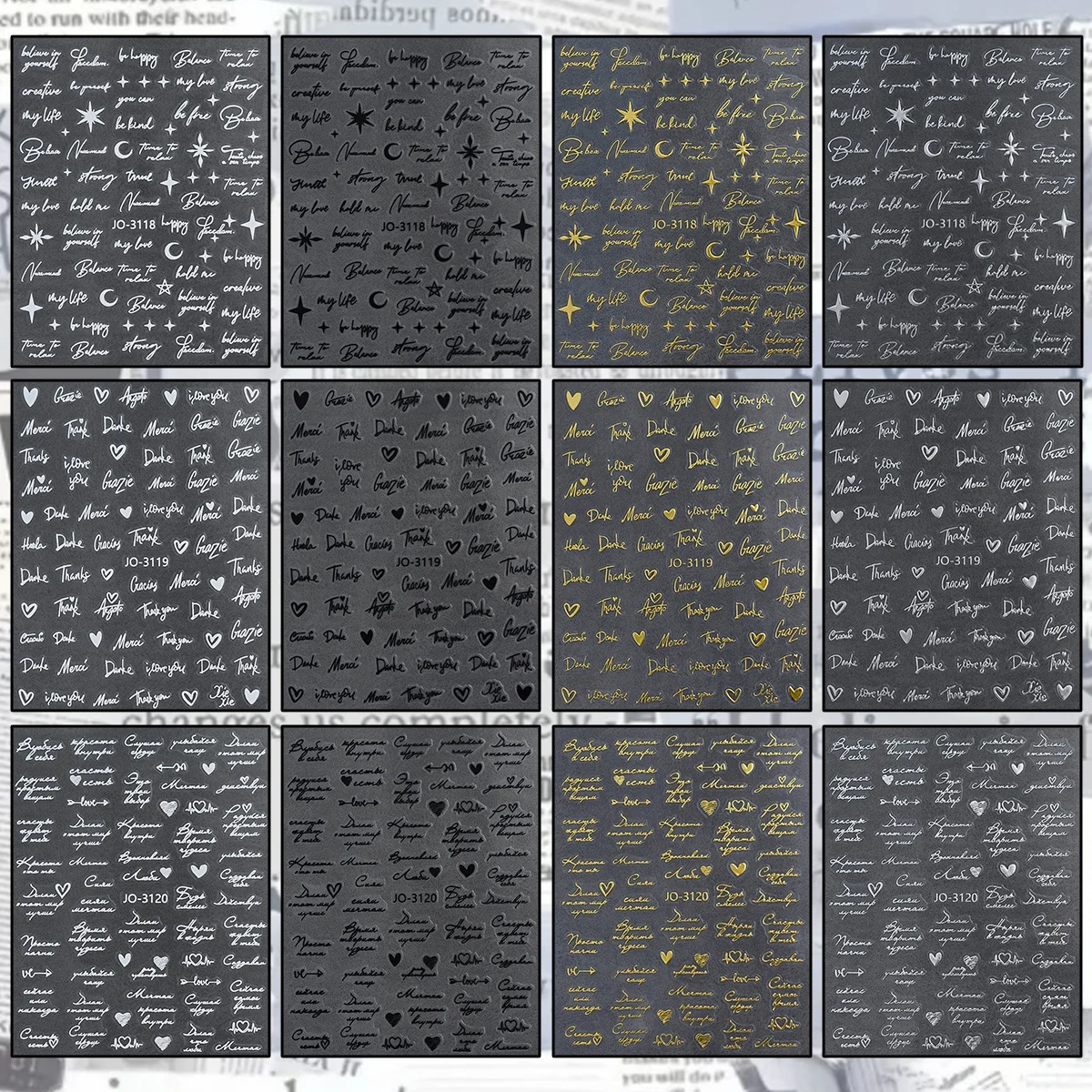 3 to 12 Sheets 3D Inspirational Quote Letter Heart Star Nail Stickers Gold Silver Script Self-Adhesive Nail Art Stickers