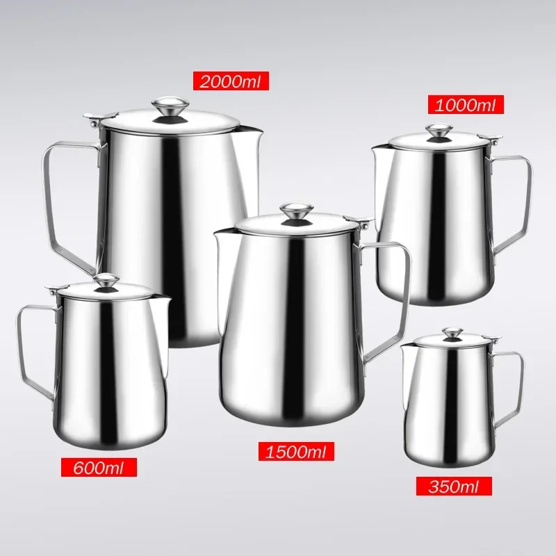 Large-capacity Stainless Steel Milk Pot 600/1000/1500/2000ML  Milk Frosted Cup, Espresso Flower Cup with Measuring Cup Inside