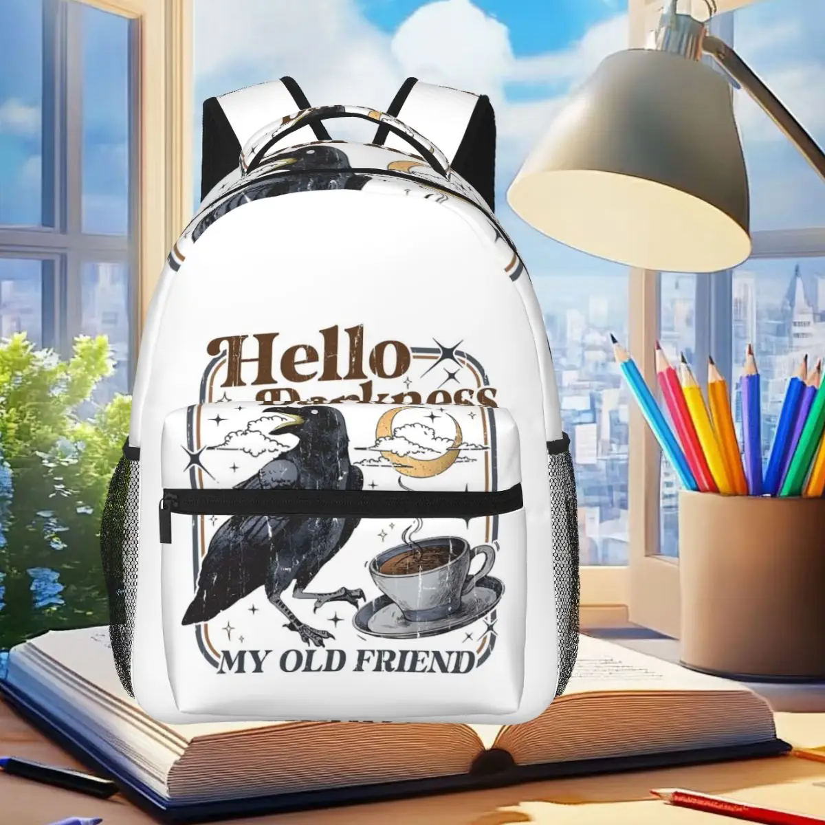 Crow Coffee Halloween Hello Darkness My Old Friend Backpack Student Boys Girls BookBag School Bag Shoulder Bags for Men Women