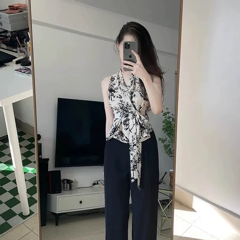 Stunning Floral Print Off-Shoulder Sleeveless Shirt Women's Punk Style Knitted Thin Autumn Top Beautiful Necklace Design