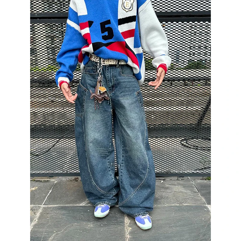 Autumn Winter Stylish Chic Elegant Patchwork Jeans Women Vintage Washed Draping Denim Straight Loose Fit Slimming Versatile Pant