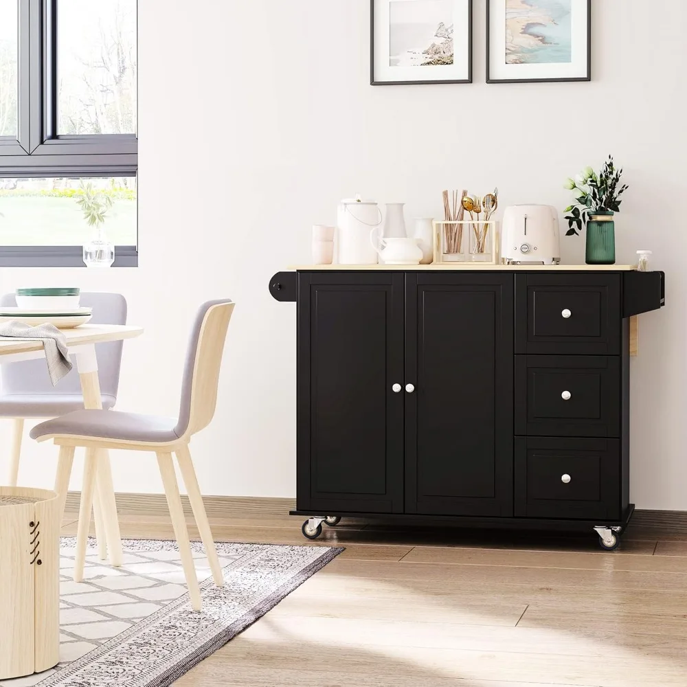  جزيرة المطبخ المتدحرجة مع أوراق قطرة، وعربة تخزين، ورف توابل ومنشفة، و3 أدراج، وبابين، باللون الأسود