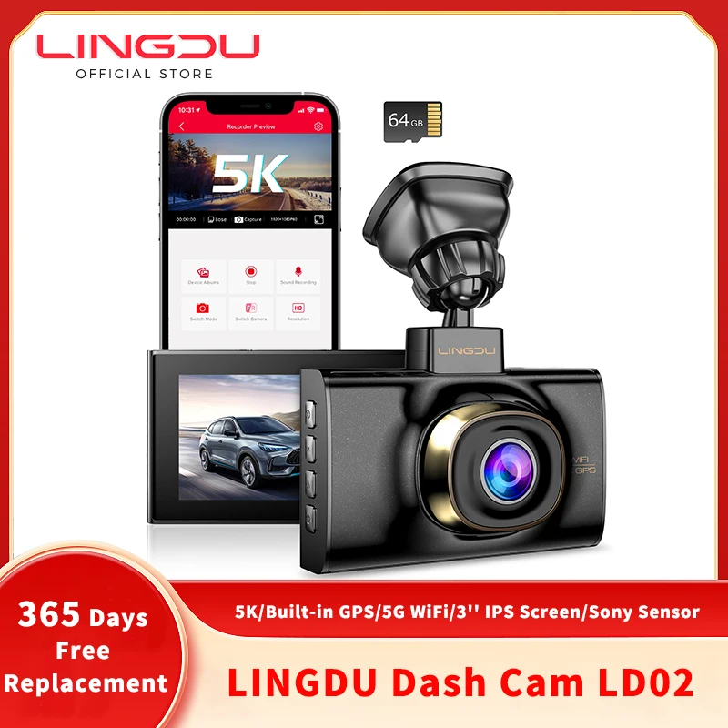 

LINGDU LD02 5K Car DVR Dash Cam 3'' IPS Screen Car Camera Build-in GPS Dashcam for Car 150° WDR IR Night Vision Video Recorder