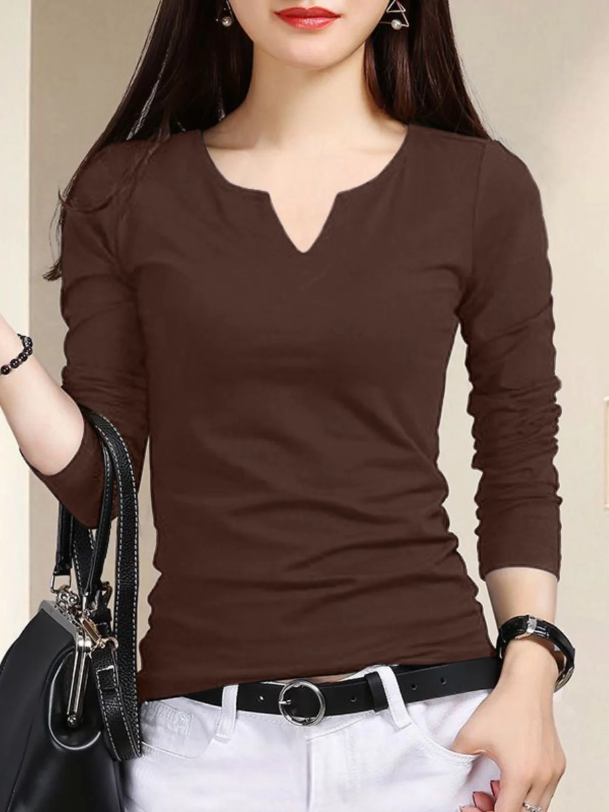 Feminino V-Ne Long Sve Base irt Modal Elástico Slim Fit Design Faionable Top Outono Inverno Novo Sle Commute Sle Pur...
