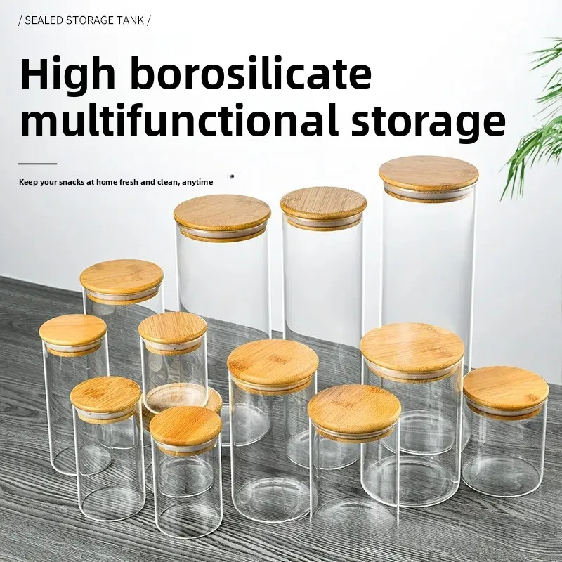 For Kitchen Glass Sealed Storage Jar with Bamboo Wood Lid Transparent Food Grade Moisture Proof Container for Dry Goods