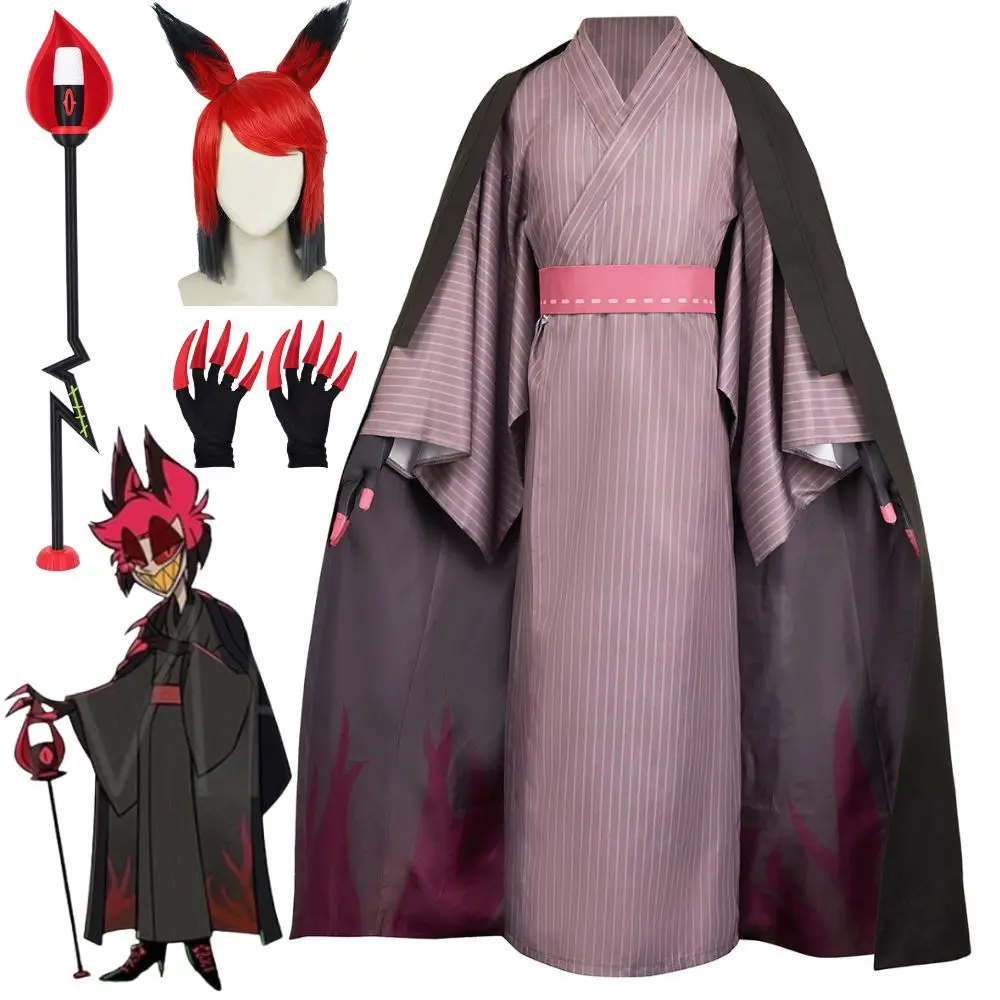 

Hazzbin Alastor Cosplay Costume Staff Microphone Cane Disguise for Men Kimono Fantasy Roleplay Outfits Halloween Carnival Suit