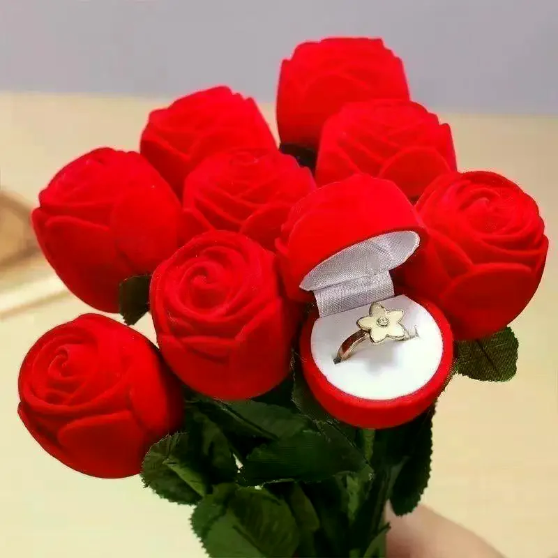 Red Rose Flocked Jewelry Box Creative Proposal Ring Storage Box Romantic Engagement Ring Case Gift Box For Valentine's Day