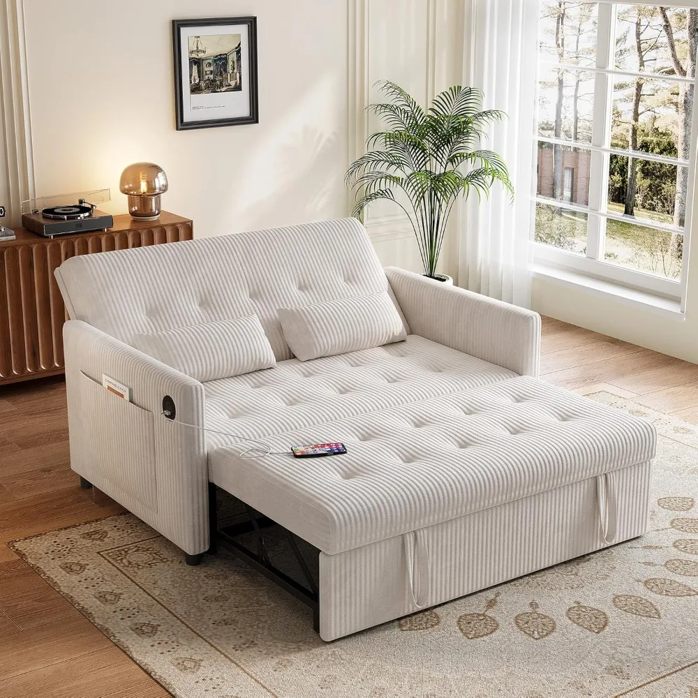 

Bed, Loveseat 3-in-1 Sleeper Sofa with Pull Out Bed, Pockets and USB, Modern 2 Seater Convertible Small Couch for Living Room