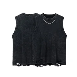 Summer Vintage Men's and Women's Vest Cotton Washed Tank Tops with Chain Streetwear Solid Color Sleeveless T-Shirts Casual Tops