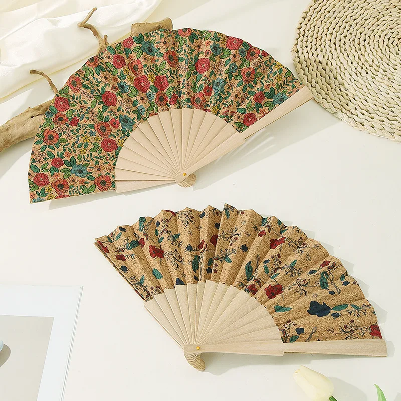 Portuguese Cork Fan Vintage Folding Fan Makeup Hand Held Fan 23cm Bohemian Style Wooden Folding Fan Home Decoration Party Props