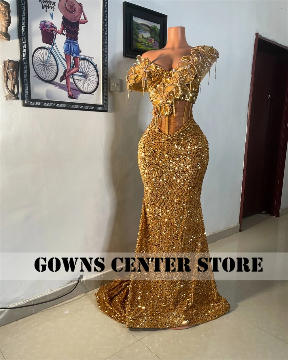 Sparkle Golden Aso Ebi African Evening Dresses Ruched Off The Shoulder Mermaid Formal Party Gowns Luxury Women 2025 Customized image 4