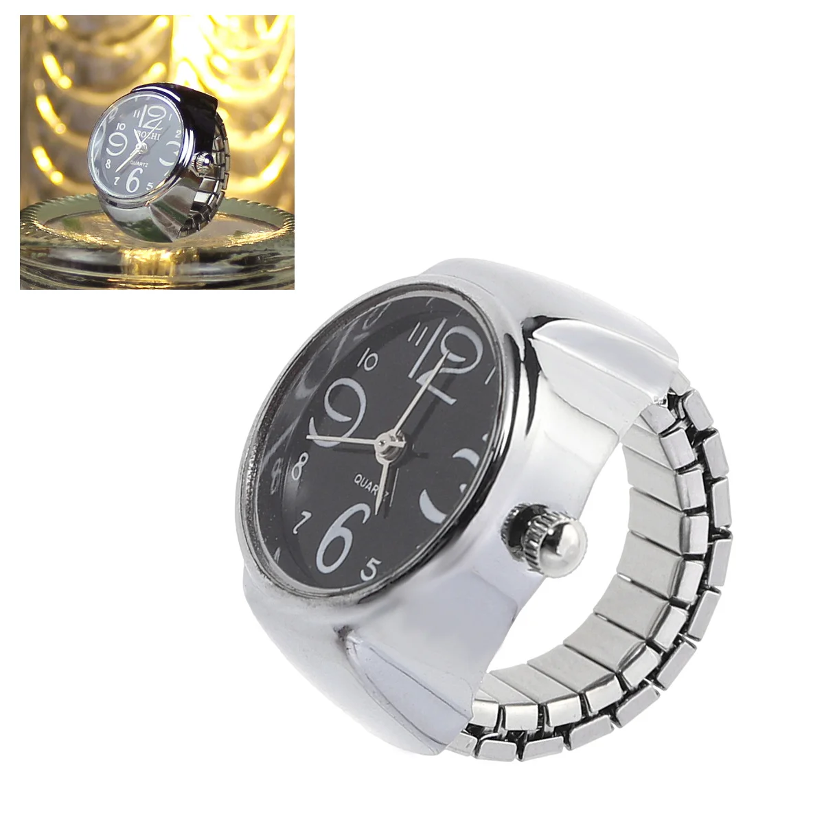 

Men Women Dial Creative Elastic Black Ring Watch Stylish Fashionable Anniversary Gift Mini Quartz Finger Watch