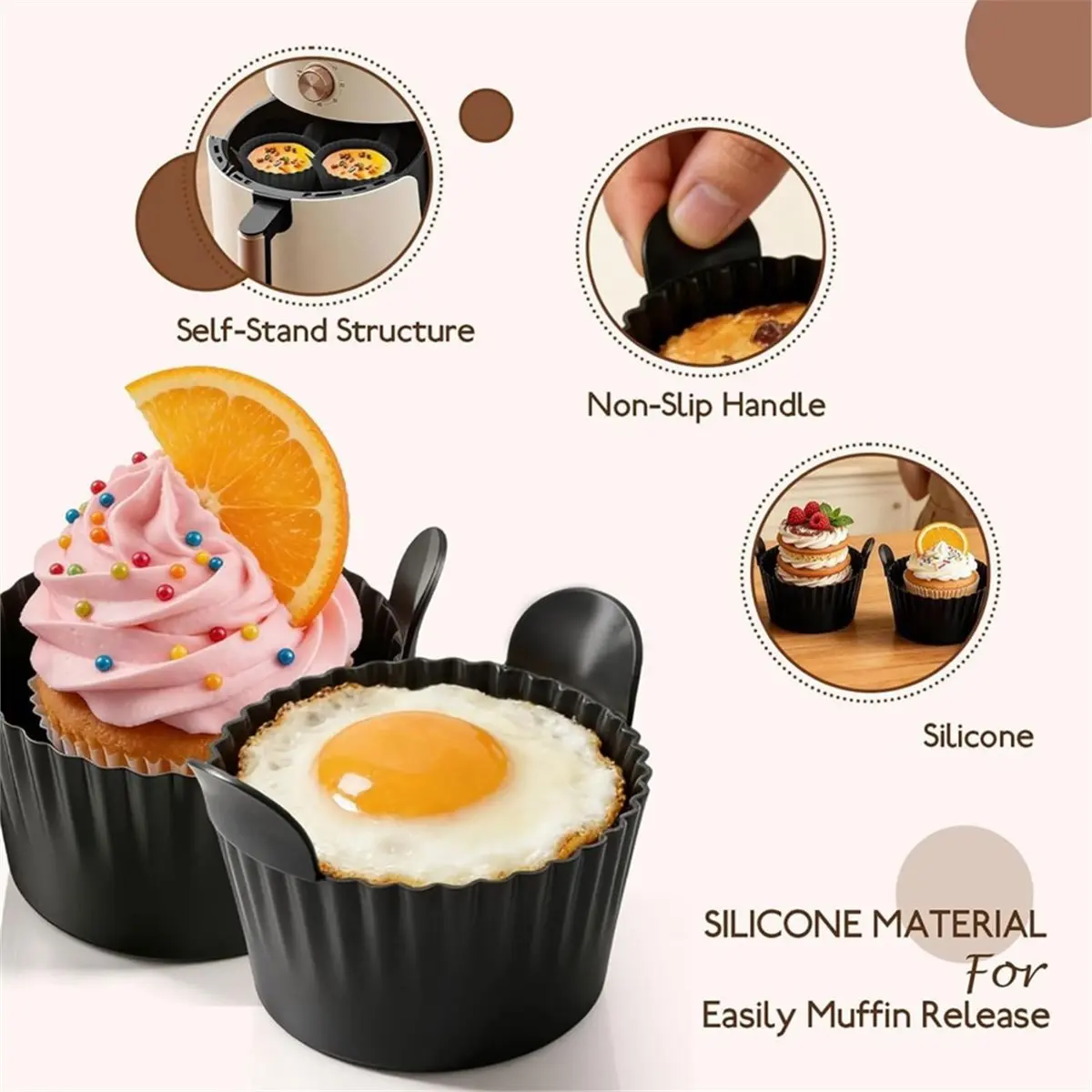 Silicone Pastry Muffin Moulds 9 X 5cm, Set of 6 Reusable Air Fryer Moulds for Muffins, Cakes, Eggs