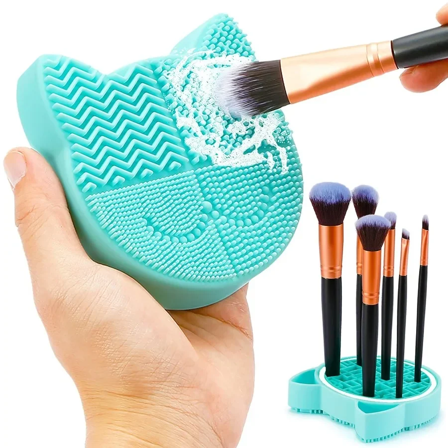 

2 in 1 Makeup Brush Cleaning Mat with Drying Holder featuring Silicon Cat Shaped Cleaner Pad for Portable and Efficient Cosmeti