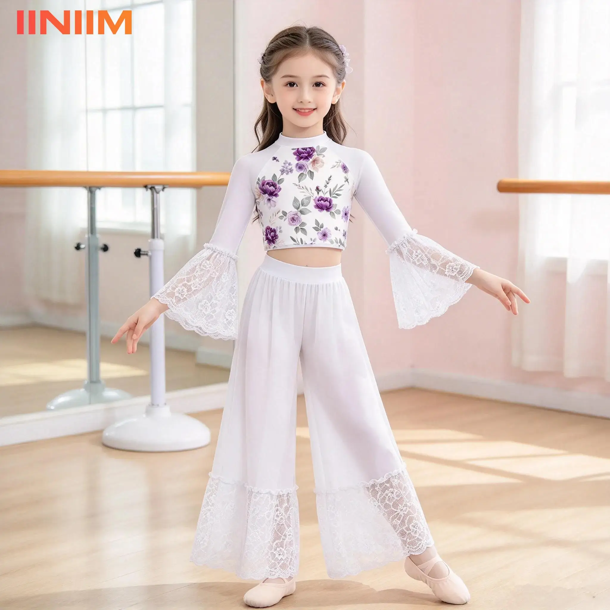 Kids Two Piece Dancewear Modern Contemporary Lyrical Dance Costume Bell Sleeve Crop Top Wide Leg Pants Girls Performance Outfit