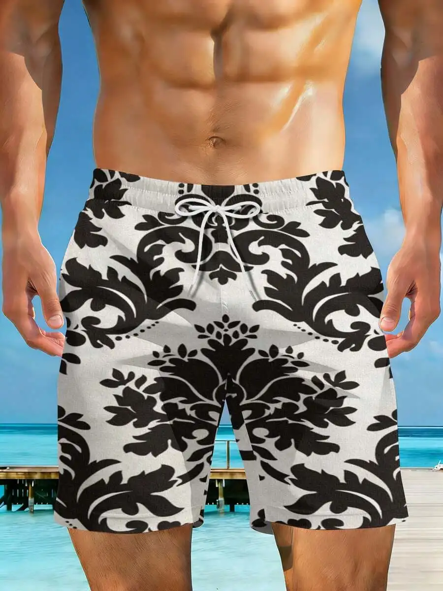 

Classic Damask Print Mens Beach Shorts 3D Floral Design For Pool Summer Activities