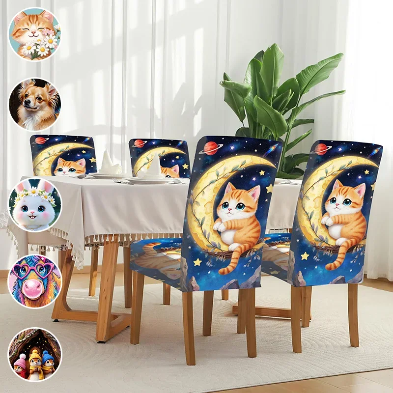 Elastic printed dining chair cover, removable and washable wear-resistant chair cover, healing cute animal pattern