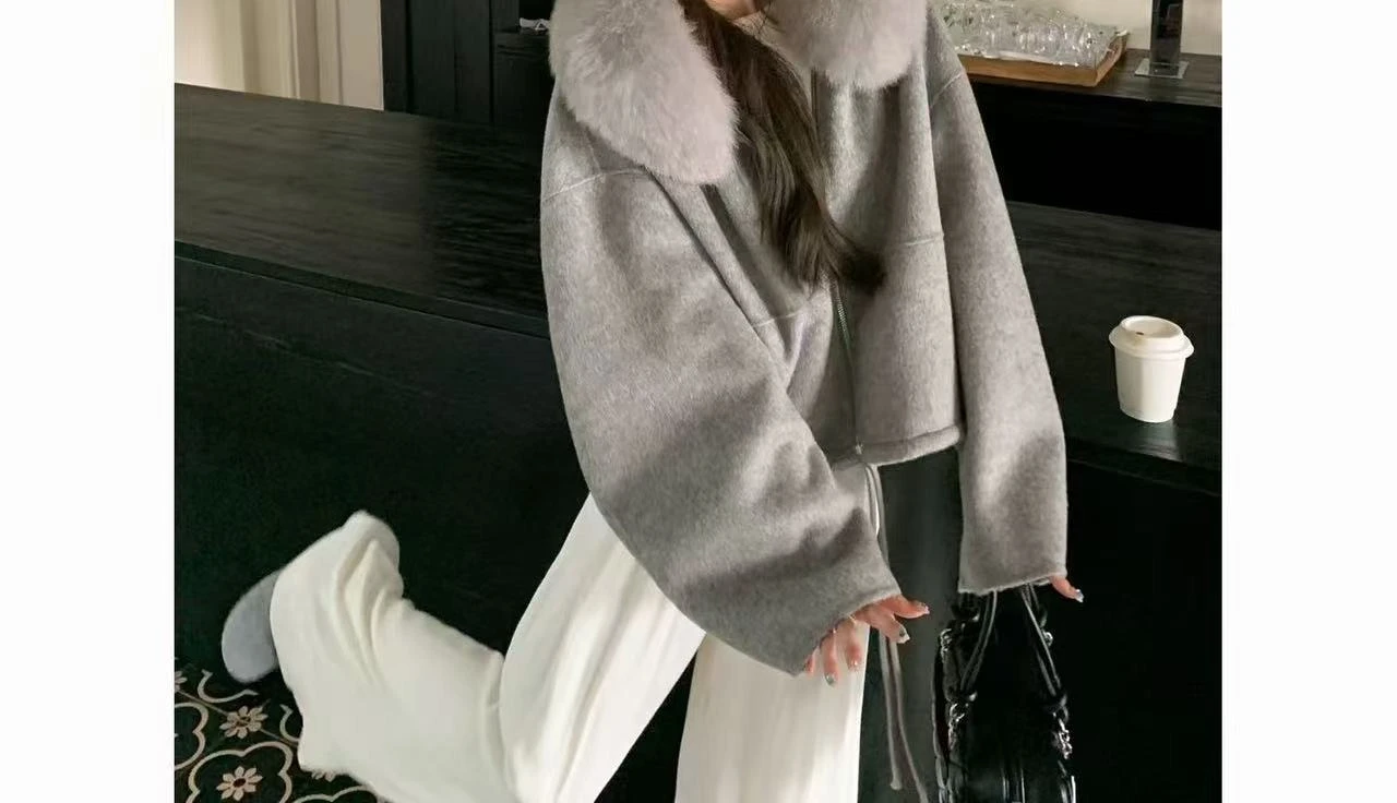 Double Sided Fur Knitted Coat with Fur Collar, 2025 Autumn and Winter Hooded Tie Up Style, Warm and Loose Jacket