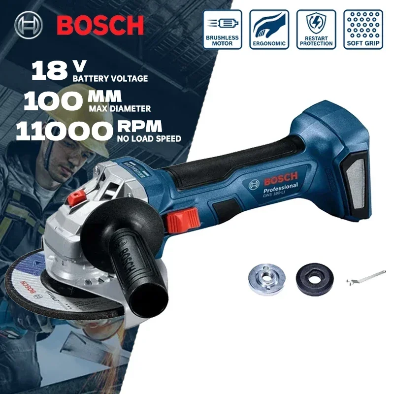 BOSCH Cordless Angle Grinder 100MM Brushless Motor Rechargeable Portable Cutting Machine Polisher 18V Grinding Tools GWS 180-LI