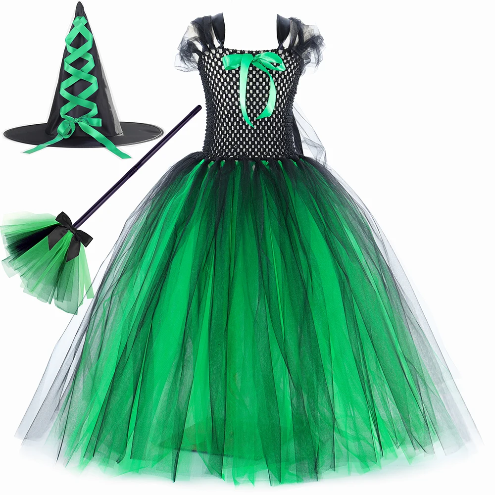 Wicked Elphaba Witch Costume for Girls Green Black Tutu Dress Kids Halloween Carnival Party Dress Up Clothes with Hat Broom Cape