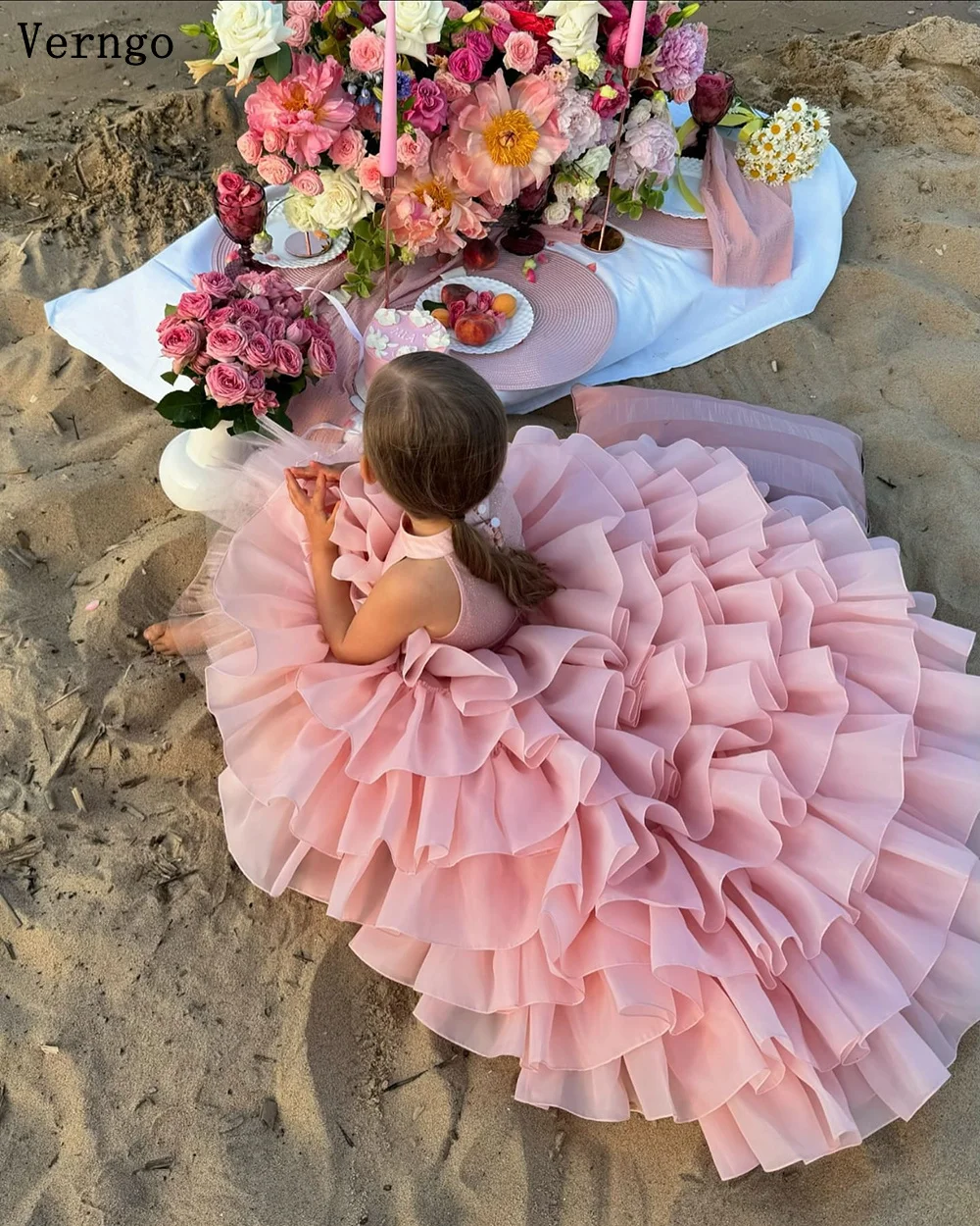 Verngo Pink/White Tulle Ball Gown Girl Flower Sleeveless A Line Sweap Train Birthday Party Dress Flower Dresses Customized