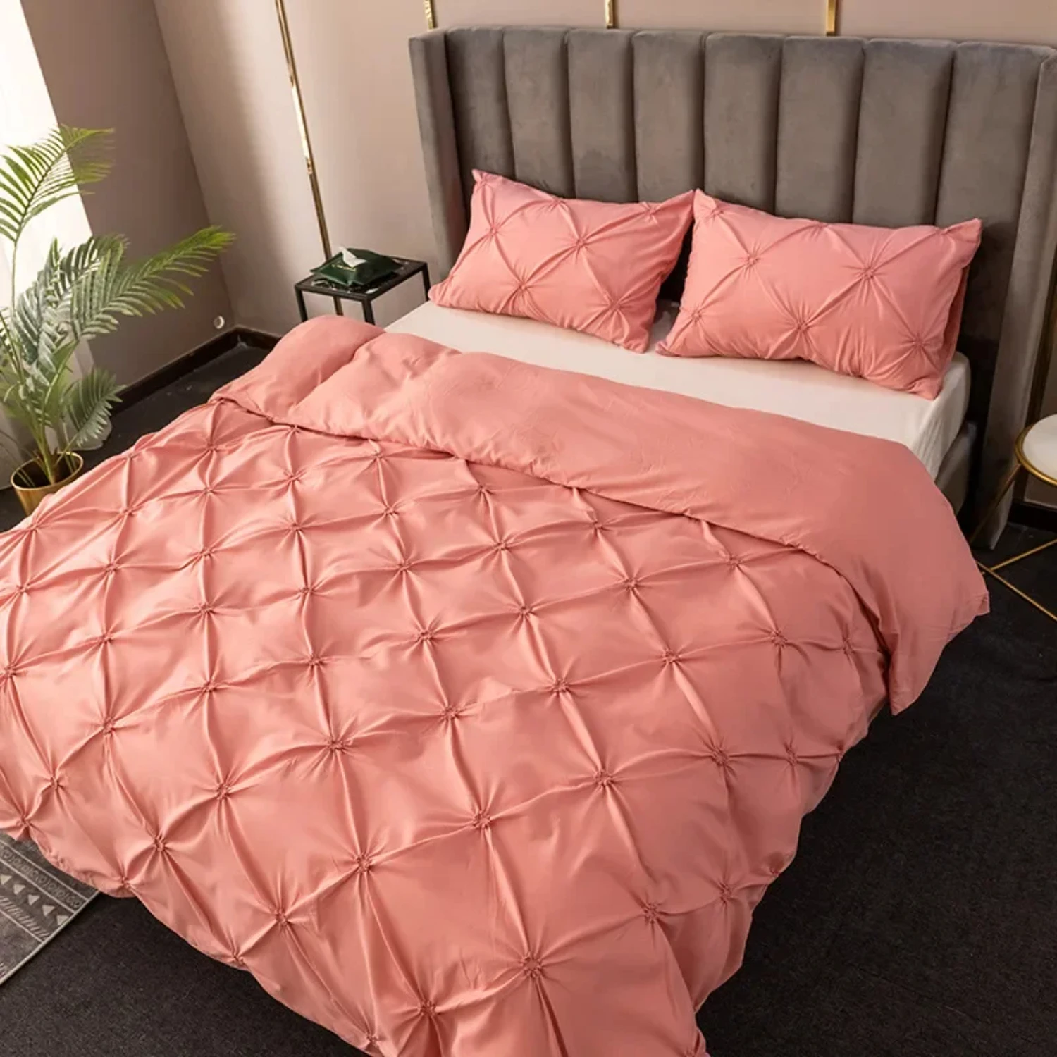 High Quality Handicraft 3D Pinch King Size Bedding Set - Solid Color Queen Duvet Cover Set - Plain Single Double Bedding Sets