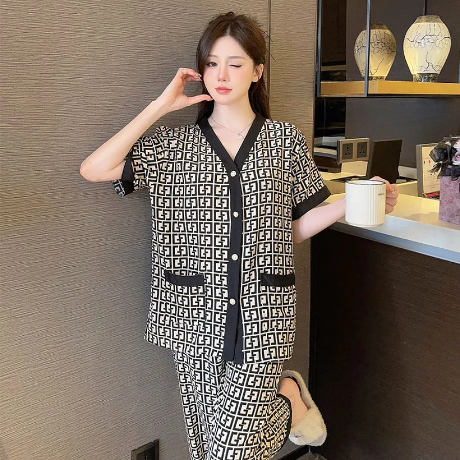 M-4XL Loose Soft Luxury Women Pajamas Set Brand Sleepwear Print Letter Smooth Pajama Set Casual Home Clothe Nightclothes Summer