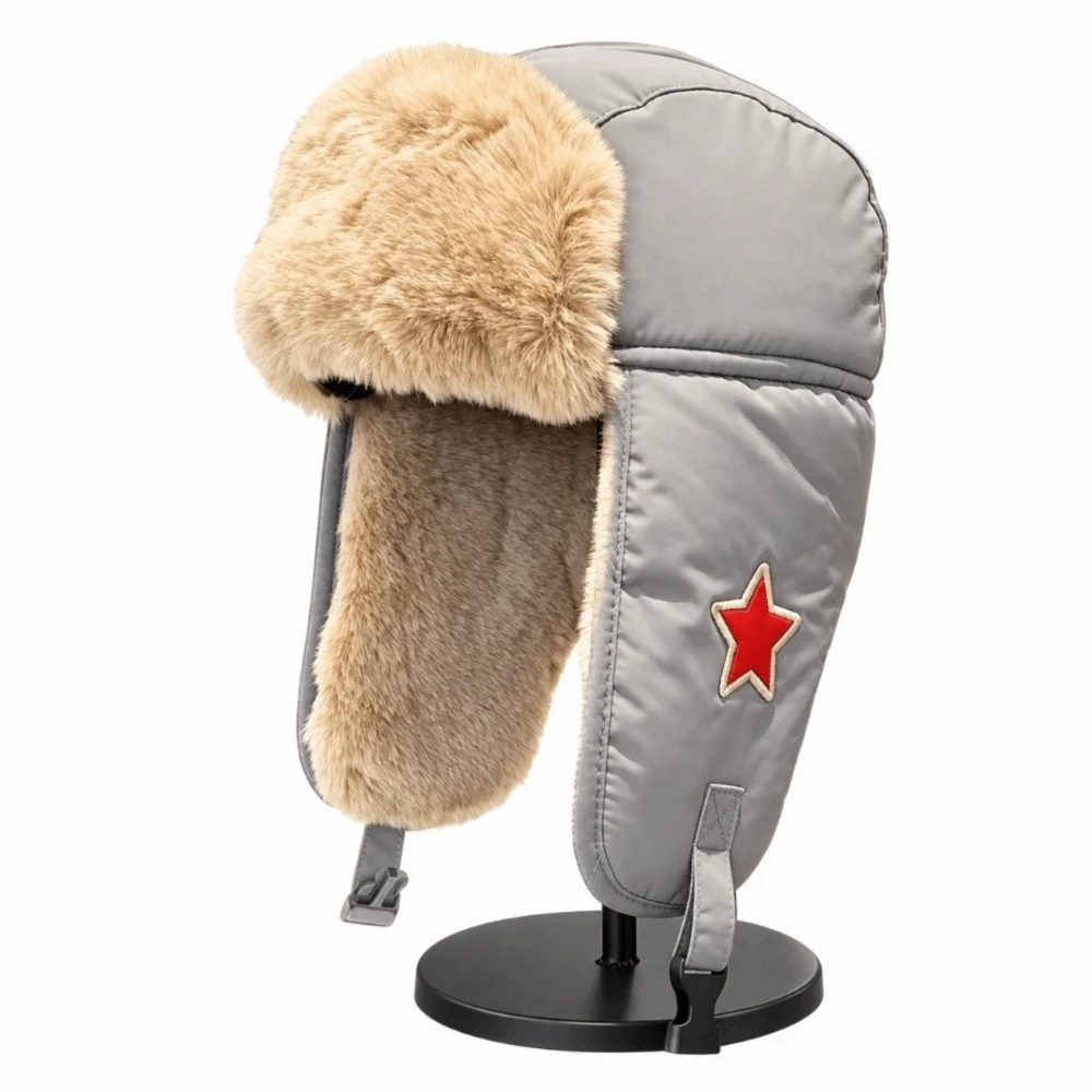 Faux Fur Lined Lei Feng Earflap Hat Windproof Thickened Pullover Cap Cold-Resistant Red Star Ushanka Hat Ear Protection Hat