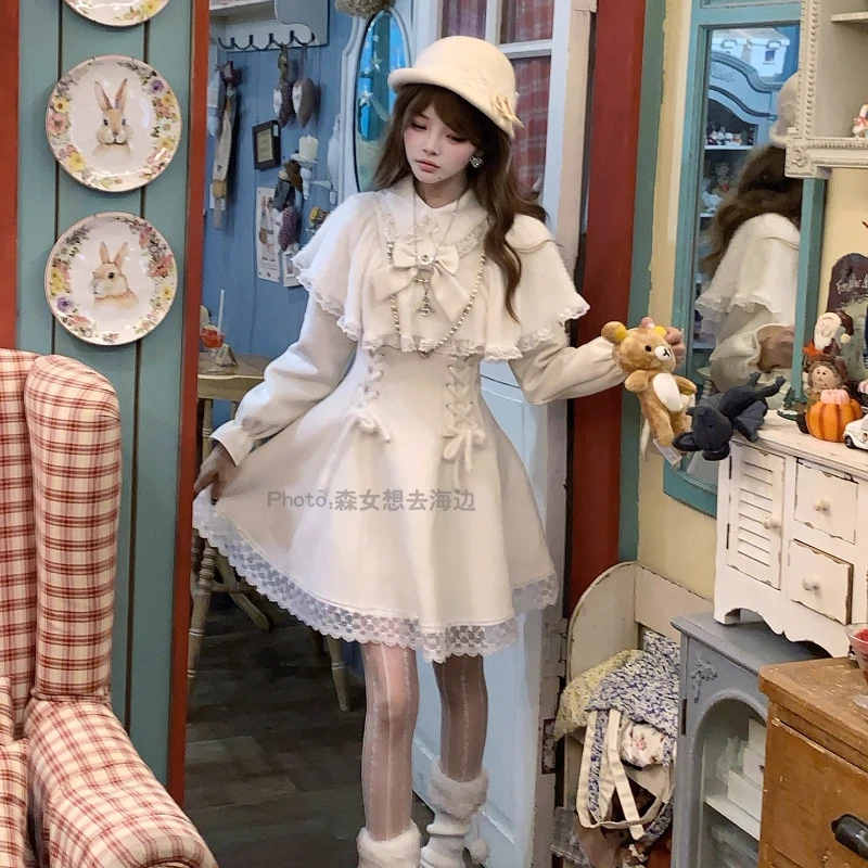 French Princess Style Lolita Woolen Jackets Autumn and Winter New Women's Slim Fit Elegant Cape Collar Long Coat Lady Outwear