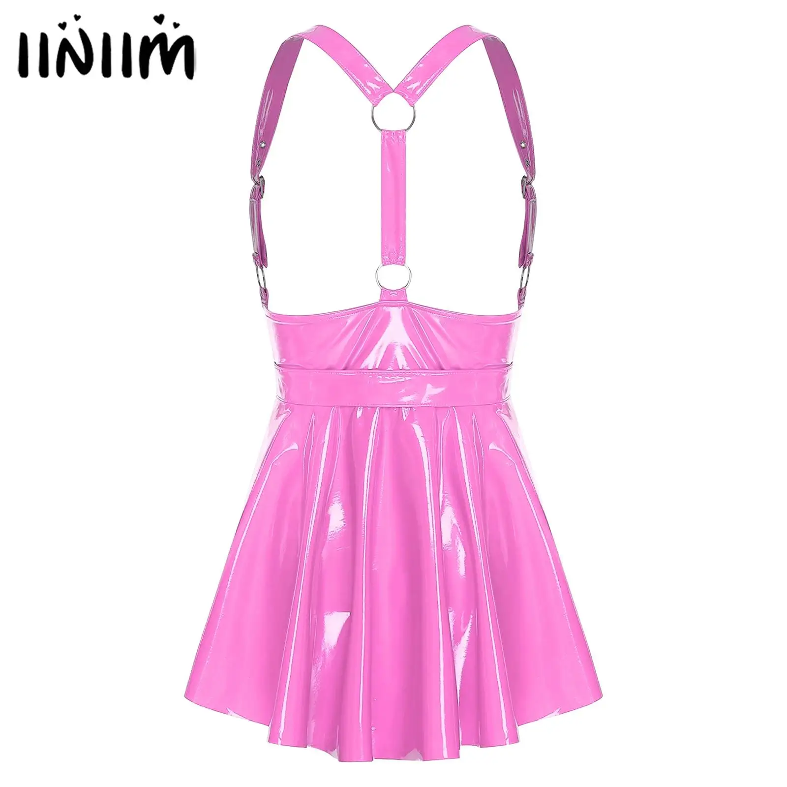 

Женская глянцевая юбка на подтяжках с уплотнительным кольцом на поясе, плиссированная мини-юбка с Y-образной спинкой и регулируемым поясом для клубной рейв-вечеринки