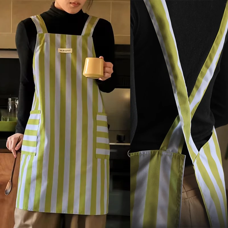 Striped Stain-resistant Waterproof Kitchen Apron with Pockets Women's Cross-back Garden Pinafore for Cooking Cleaning Baking