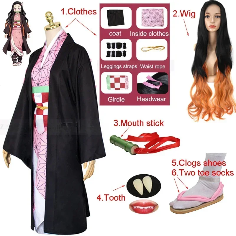 

Anime Demon Slayer Kimetsu no Yaiba Kamado Nezuko Cosplay Costume Shoes Wig Tooth Mouth Stick Woman Girl Halloween Clothes