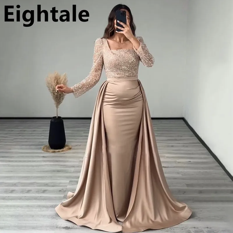 

Eightale 2024 Champagne Floor Length Evening Dresses For Wedding Party Long Sleeve Sequined Formal Prom Dress Dubai Party Gown