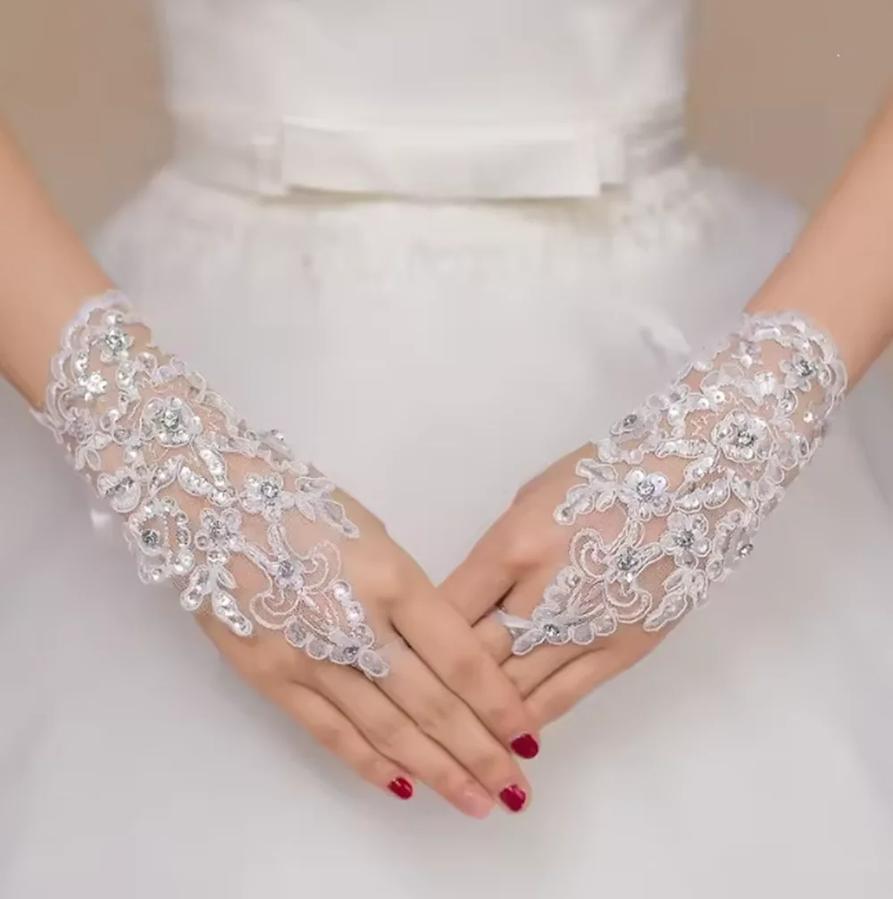 Guantes de boda de encaje de cristal para mujer, codo sin dedos, accesorio largo floral de marfil para novia