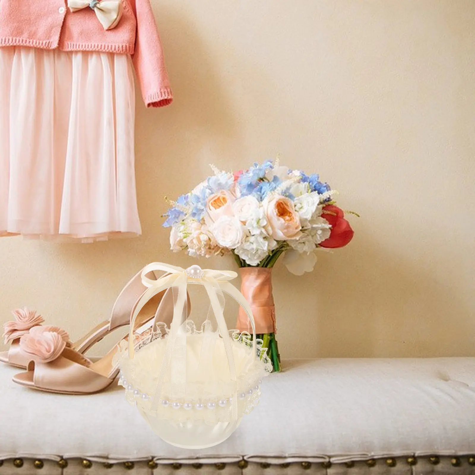 Delicate Satin Wedding Flower Girl Basket for Petals Candies Cards Photo Shoot Prop Vintage Style Wedding Decoration Basket