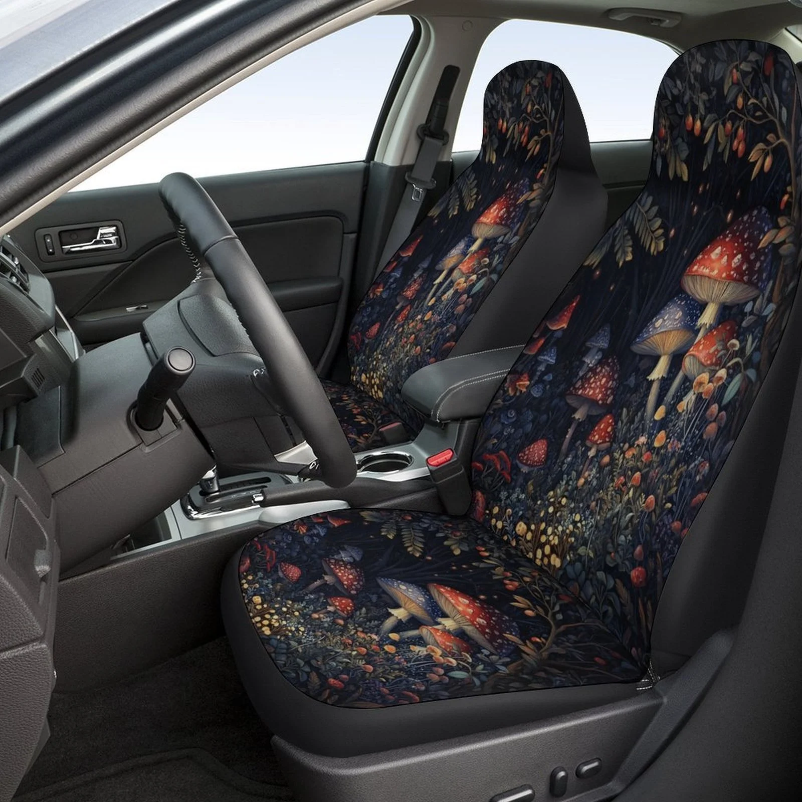 Mushroom Forest Glow Designed Car Seat Covers Set For Most Cars, Trendy Novelty Decorative Car Seat Protector Covers Full Set,