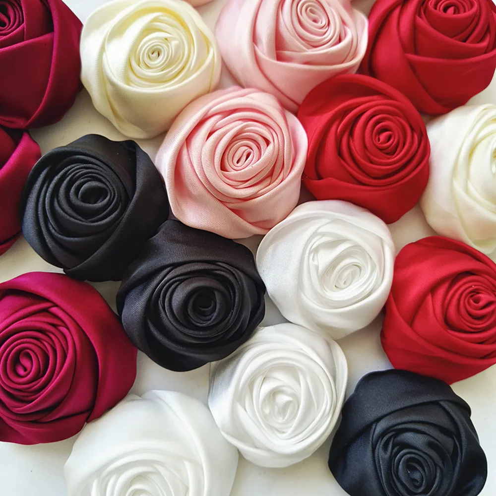 10Pcs 6.5CM/4.5CM/3CM Satin Rose Fabric Artificial Flower For DIY Headwear Accessories Wedding Dress Clothing Decoration