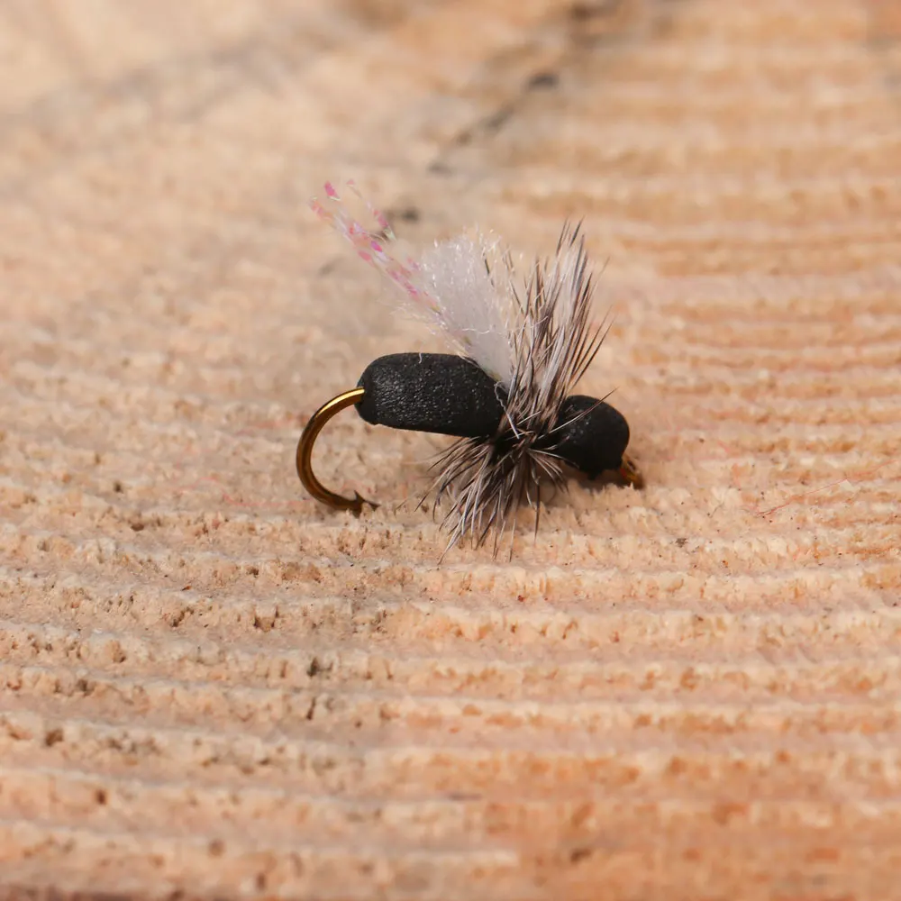Bimoo 6 Stück # 10 Grizzly Hackle Schaumstoff-Ant-Fliege Schwimmende Schwarze Trockenfliege Para Post Wing Käfer-Insektenköder Forellen-Char-Angelköder – Detail 12