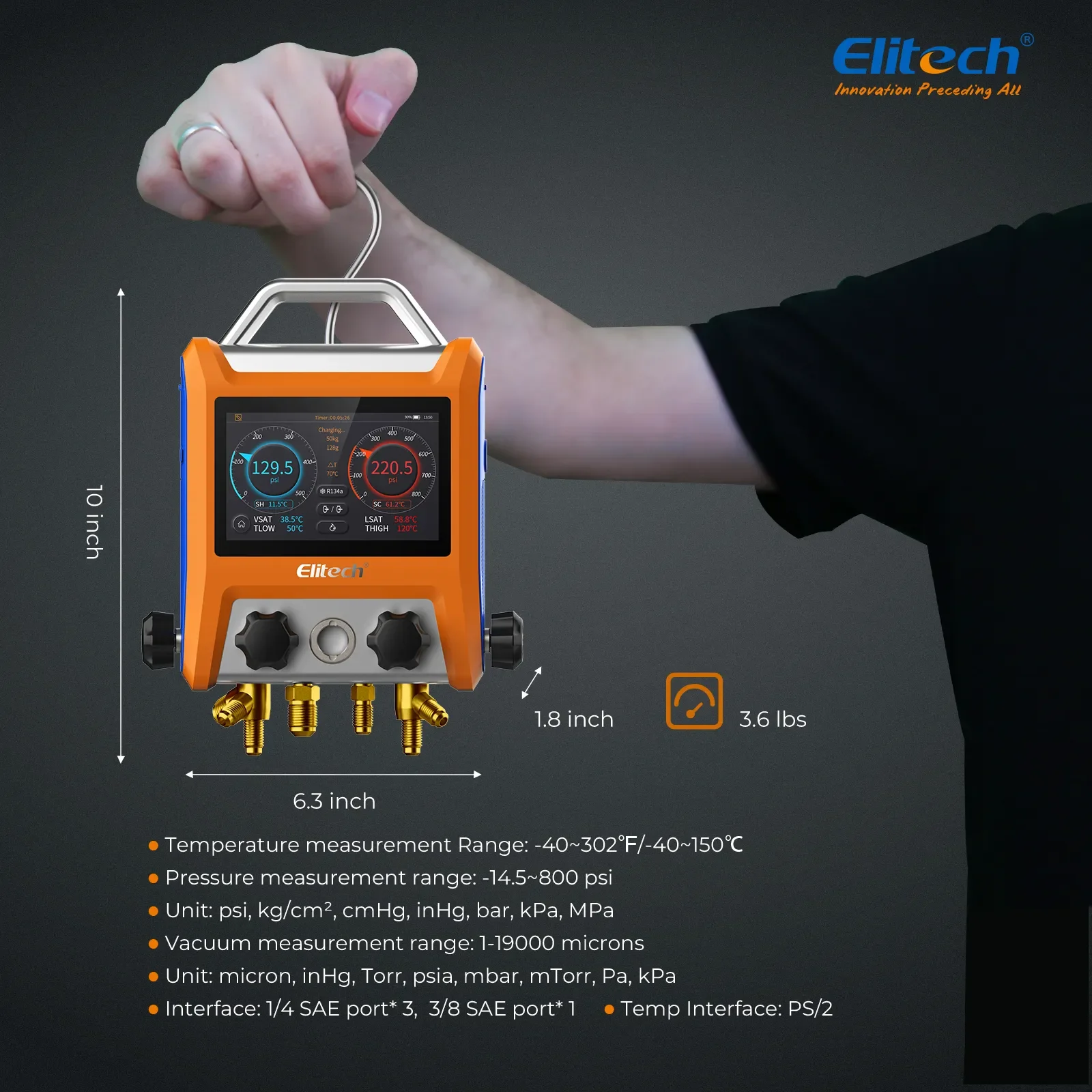 Elitech EMG-40V Inteligentny 4-zaworowy zestaw kolektora cyfrowego z 5-calowym inteligentnym ekranem dotykowym Wskaźnik HVAC z Bluetooth
