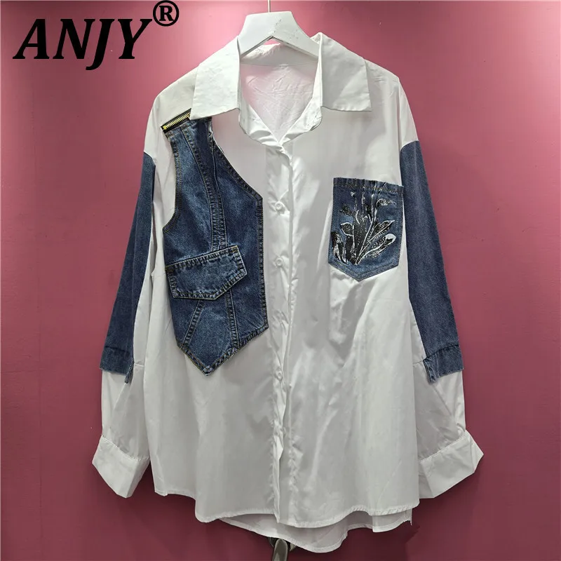 

ANJY 2025, осенняя новая женская модная свободная рубашка в полоску с 3D принтом, модный нишевый стильный повседневный топ с цветными блоками A13786