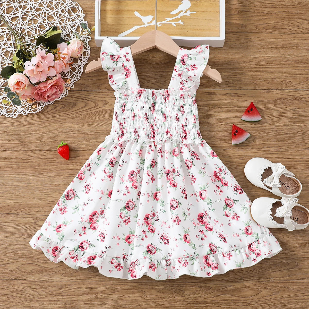 PatPat Toddler Girl Sweet Floral Print Smocked Sleeveless Dress